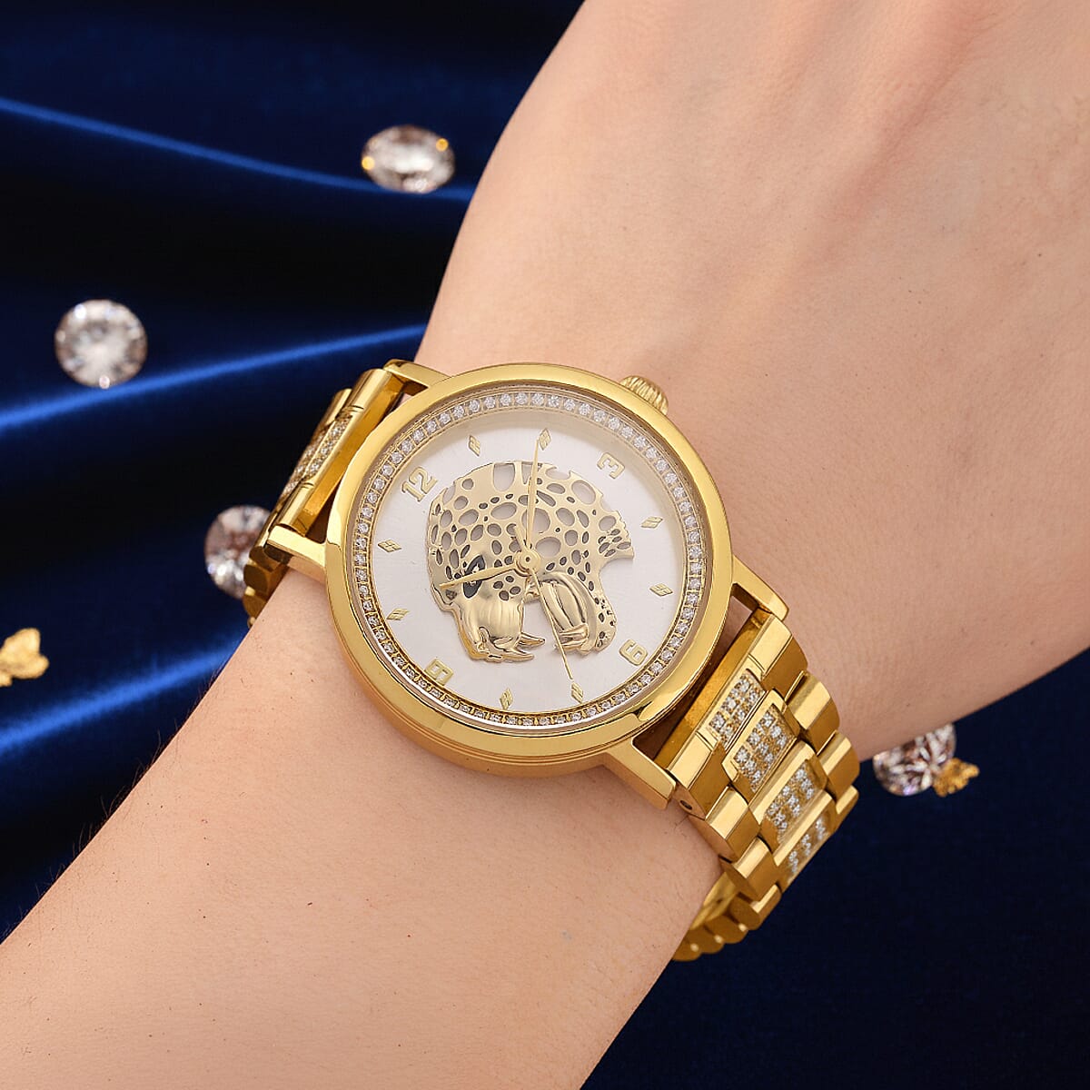 EON 1962 Moissanite Ronda 763 Swiss Movement Leopard Pattern Watch in ION Plated YG Stainless Steel 1.20 ctw image number 2