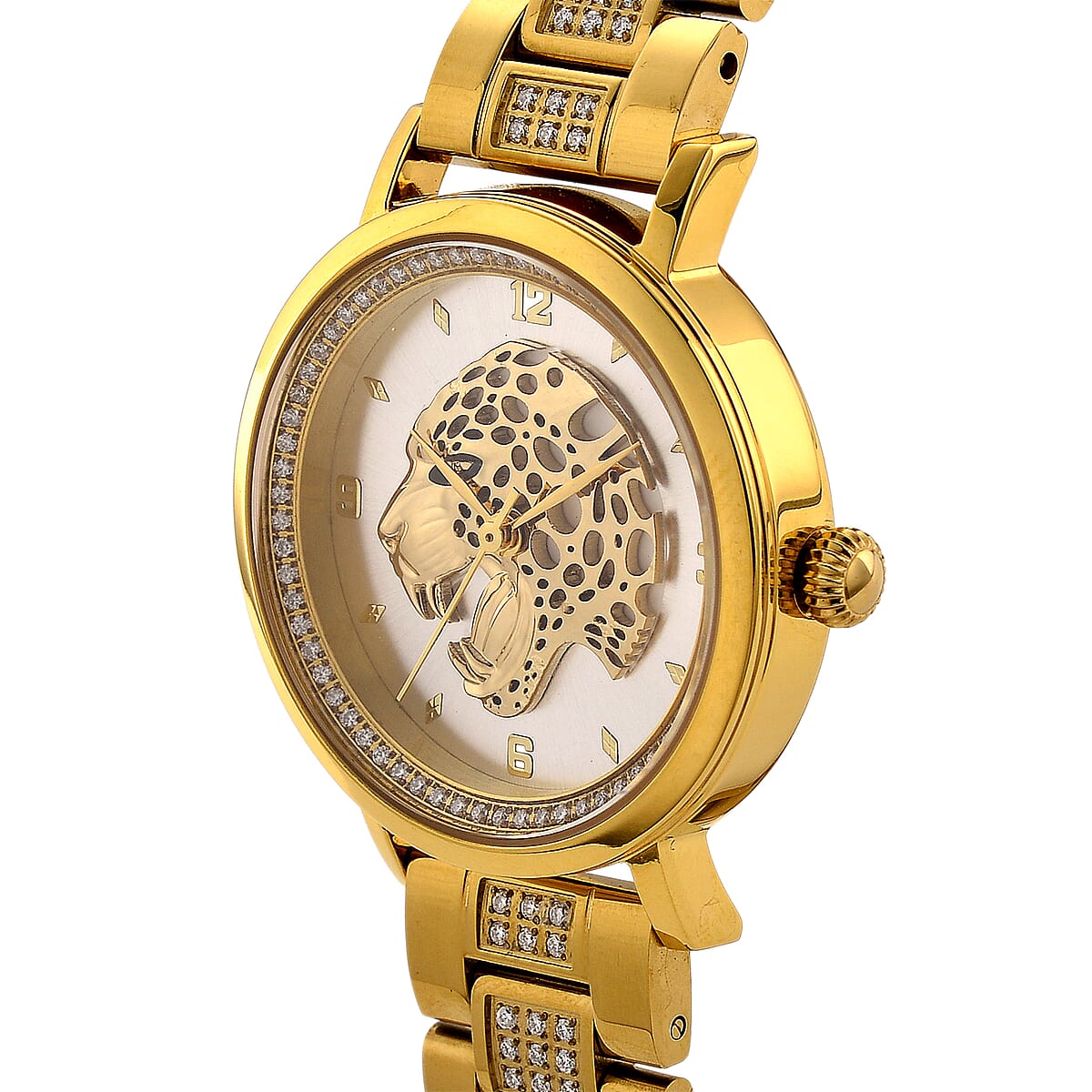 EON 1962 Moissanite Ronda 763 Swiss Movement Leopard Pattern Watch in ION Plated YG Stainless Steel 1.20 ctw image number 3