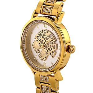 EON 1962 Moissanite Ronda 763 Swiss Movement Leopard Pattern Watch in ION Plated YG Stainless Steel 1.20 ctw