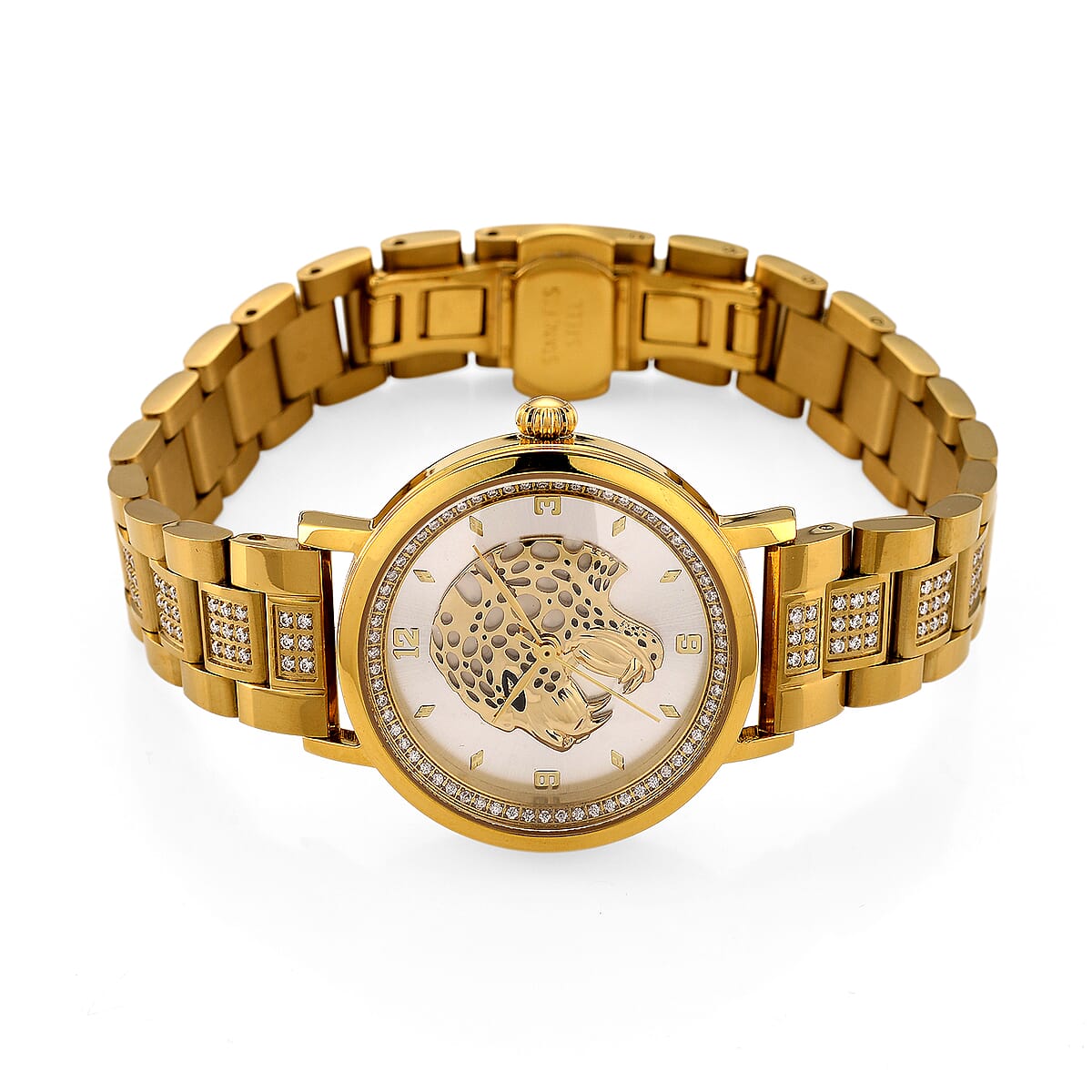 EON 1962 Moissanite Ronda 763 Swiss Movement Leopard Pattern Watch in ION Plated YG Stainless Steel 1.20 ctw image number 4