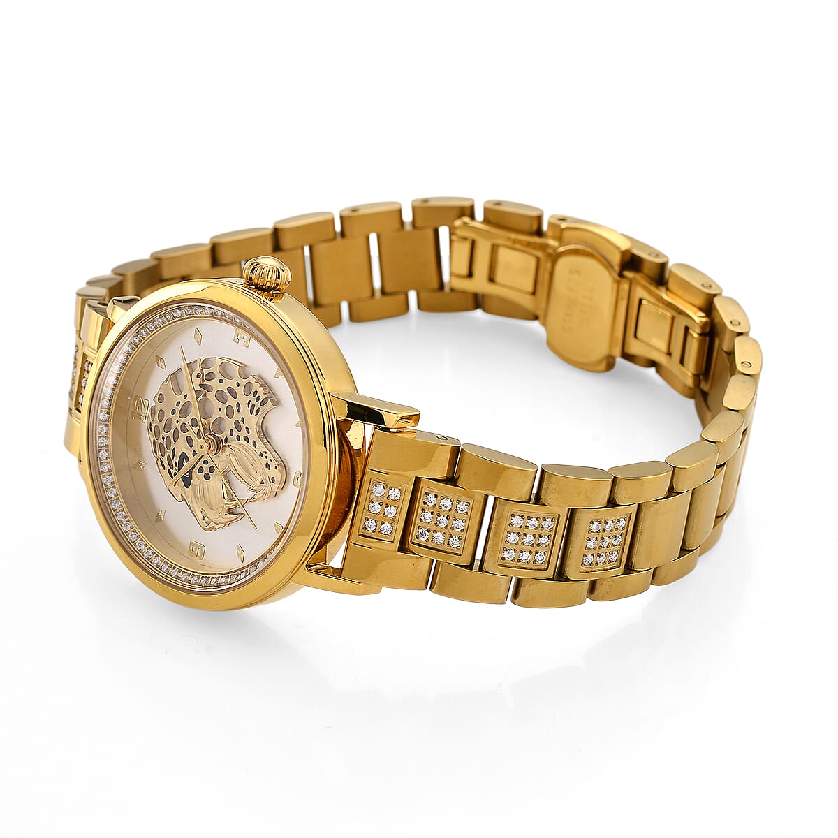 EON 1962 Moissanite Ronda 763 Swiss Movement Leopard Pattern Watch in ION Plated YG Stainless Steel 1.20 ctw image number 5