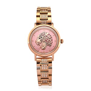 EON 1962 Moissanite Ronda 763 Swiss Movement Leopard Pattern Watch in ION Plated RG Stainless Steel 1.20 ctw