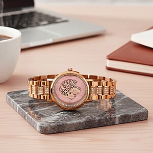 EON 1962 Moissanite Ronda 763 Swiss Movement Leopard Pattern Watch in ION Plated RG Stainless Steel 1.20 ctw