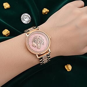 EON 1962 Moissanite Ronda 763 Swiss Movement Leopard Pattern Watch in ION Plated RG Stainless Steel 1.20 ctw