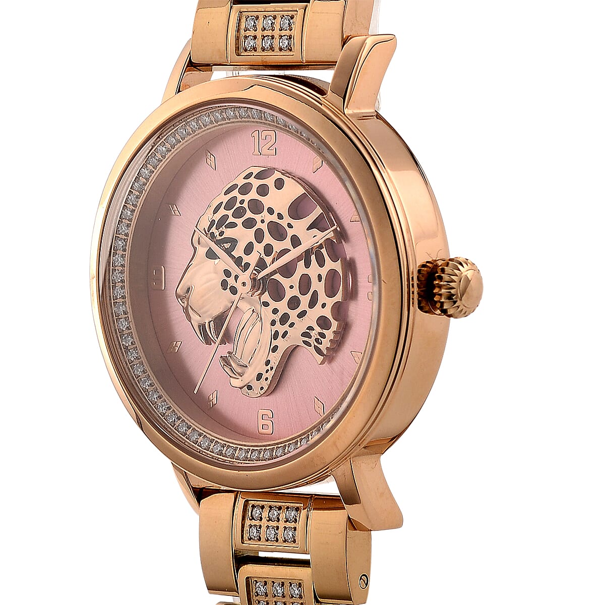 EON 1962 Moissanite Ronda 763 Swiss Movement Leopard Pattern Watch in ION Plated RG Stainless Steel 1.20 ctw image number 3