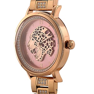 EON 1962 Moissanite Ronda 763 Swiss Movement Leopard Pattern Watch in ION Plated RG Stainless Steel 1.20 ctw