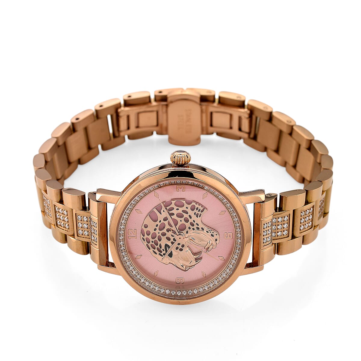 EON 1962 Moissanite Ronda 763 Swiss Movement Leopard Pattern Watch in ION Plated RG Stainless Steel 1.20 ctw image number 4