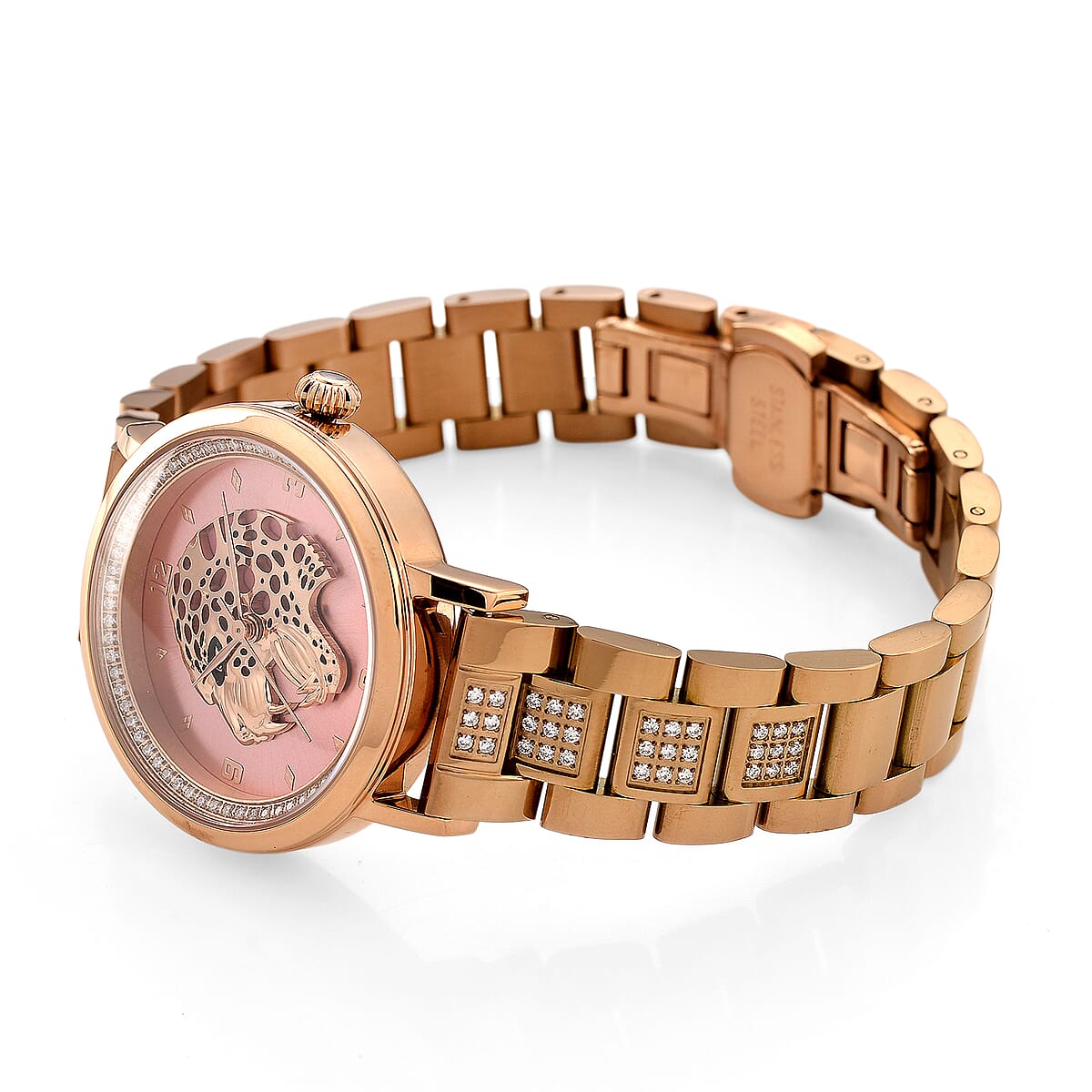 EON 1962 Moissanite Ronda 763 Swiss Movement Leopard Pattern Watch in ION Plated RG Stainless Steel 1.20 ctw image number 5