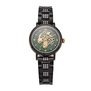 EON 1962 Moissanite Ronda 763 Swiss Movement Leopard Pattern Watch in ION Plated Black Stainless Steel 1.20 ctw