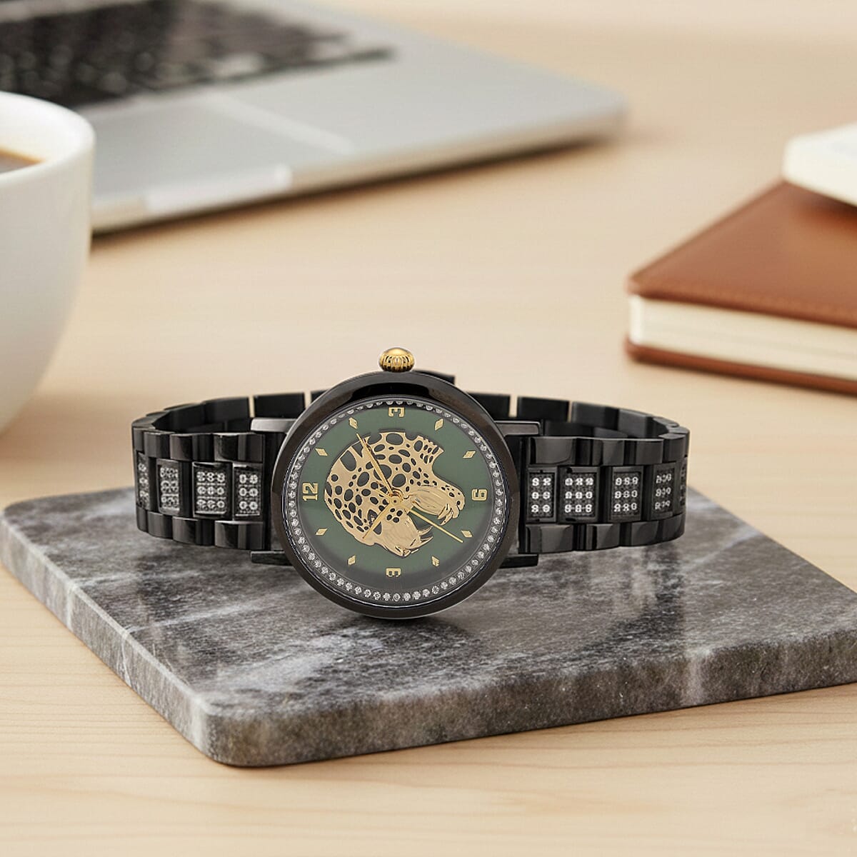 EON 1962 Moissanite Ronda 763 Swiss Movement Leopard Pattern Watch in ION Plated Black Stainless Steel 1.20 ctw image number 1