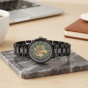 EON 1962 Moissanite Ronda 763 Swiss Movement Leopard Pattern Watch in ION Plated Black Stainless Steel 1.20 ctw