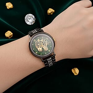 EON 1962 Moissanite Ronda 763 Swiss Movement Leopard Pattern Watch in ION Plated Black Stainless Steel 1.20 ctw