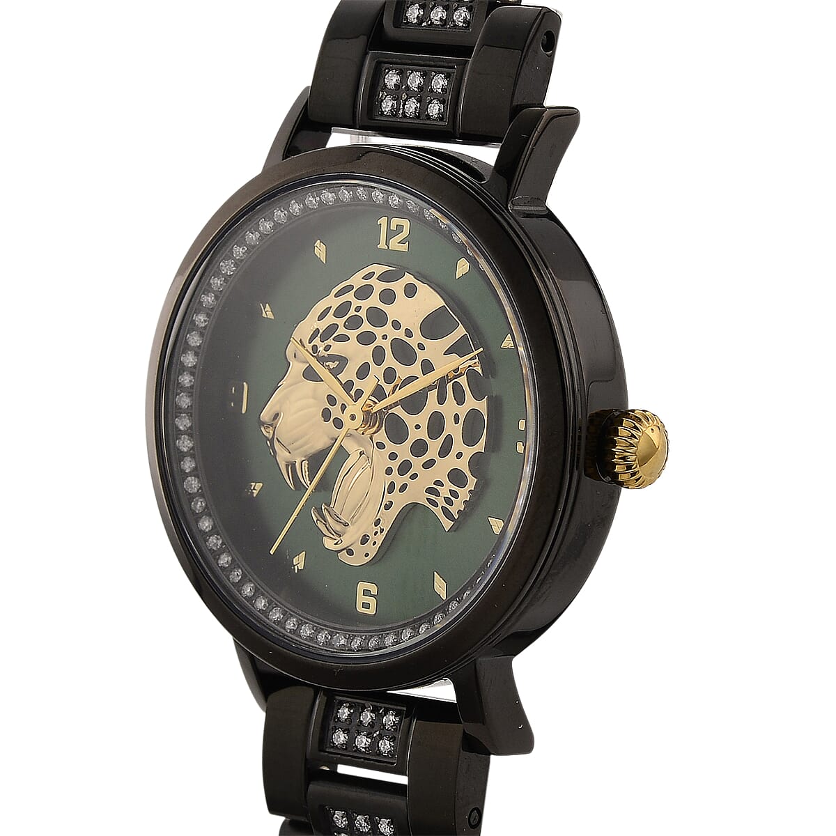 EON 1962 Moissanite Ronda 763 Swiss Movement Leopard Pattern Watch in ION Plated Black Stainless Steel 1.20 ctw image number 3