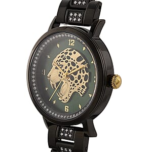 EON 1962 Moissanite Ronda 763 Swiss Movement Leopard Pattern Watch in ION Plated Black Stainless Steel 1.20 ctw