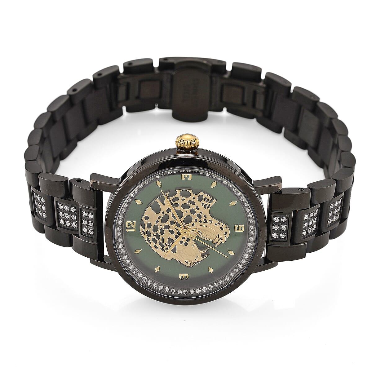 EON 1962 Moissanite Ronda 763 Swiss Movement Leopard Pattern Watch in ION Plated Black Stainless Steel 1.20 ctw image number 4