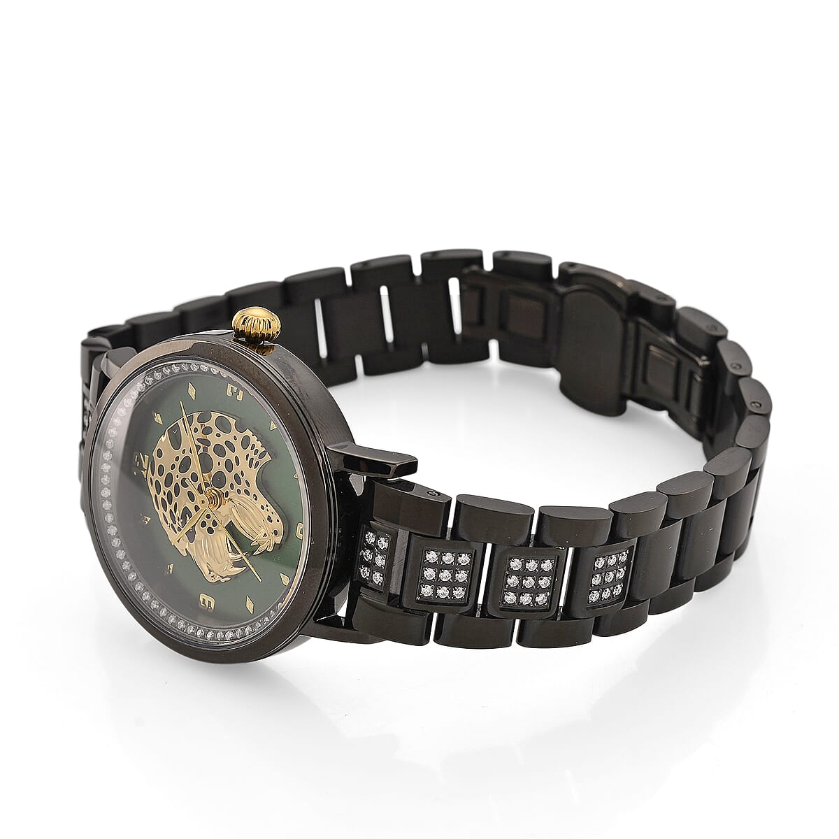 EON 1962 Moissanite Ronda 763 Swiss Movement Leopard Pattern Watch in ION Plated Black Stainless Steel 1.20 ctw image number 5