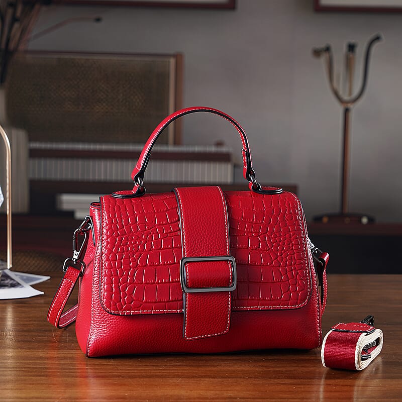 La Marey Red Genuine Leather Crossbody Bag with Shoulder Strap
