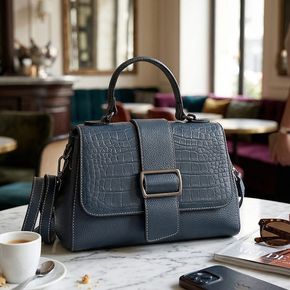 La Marey Navy Genuine Leather Crossbody Bag with Shoulder Strap image number 1