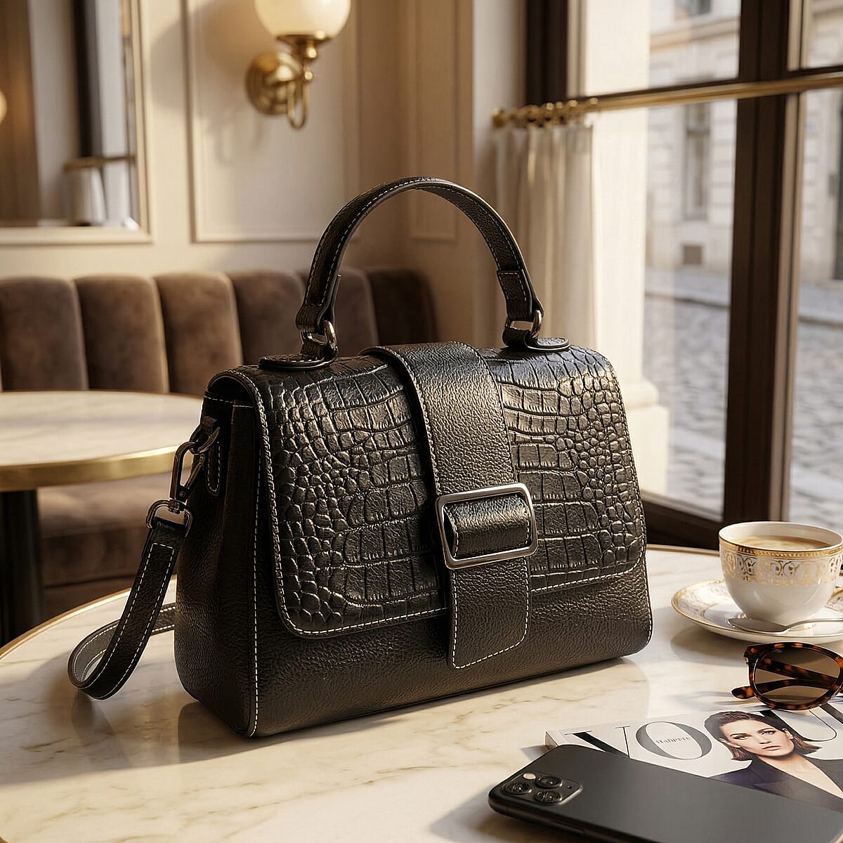 La Marey Black Genuine Leather Crossbody Bag with Shoulder Strap image number 1