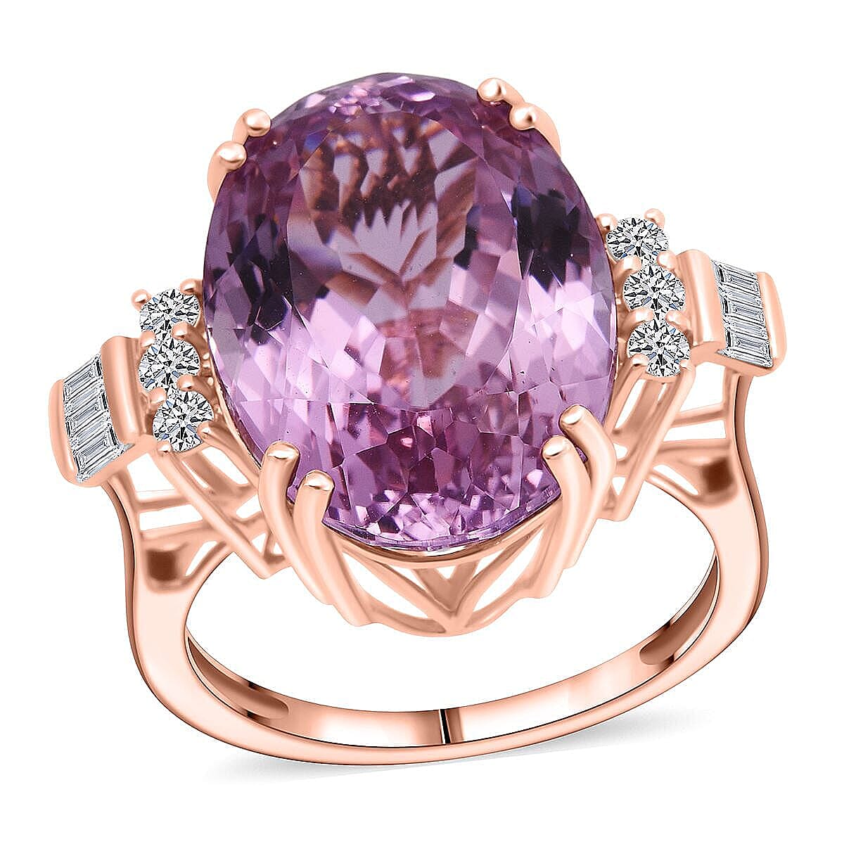 10K Rose Gold AAAA Patroke Kunzite, Luxuriant Lab Grown Diamond (G-H, SI) Ring (Size 6.0) (4 g) 17.00 ctw