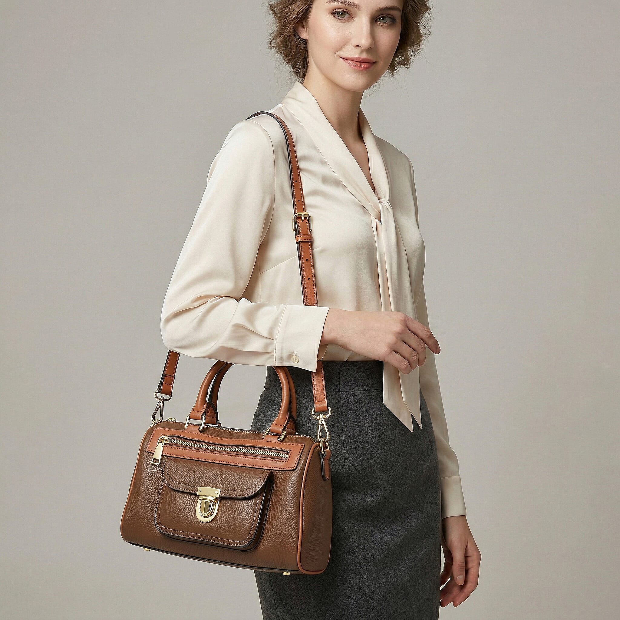 La Marey Coffee Genuine Leather Crossbody Bag with Shoulder Strap