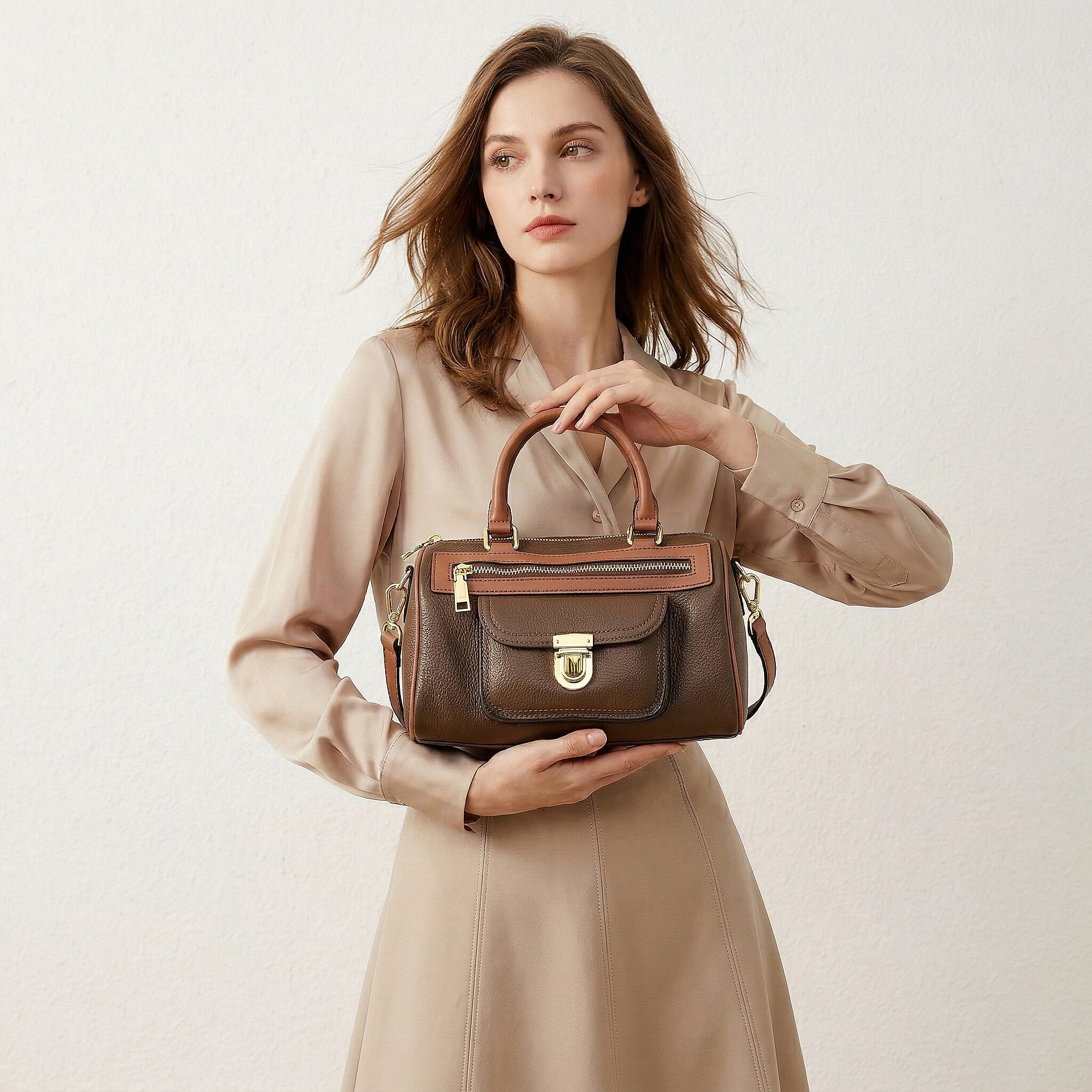La Marey Coffee Genuine Leather Crossbody Bag with Shoulder Strap