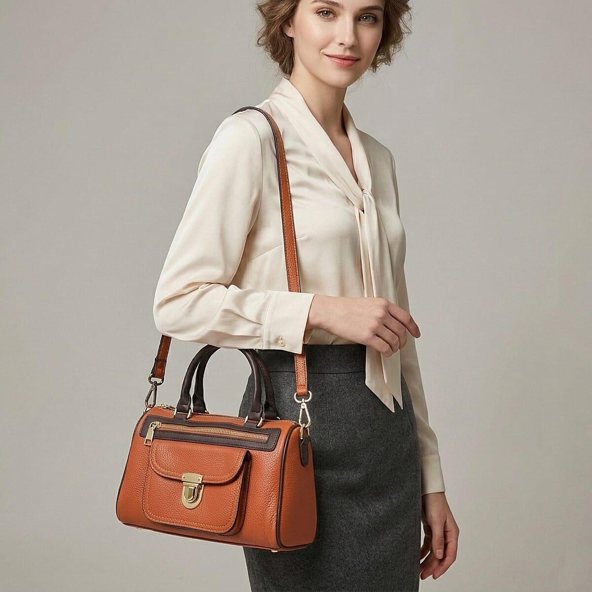 La Marey Brown Genuine Leather Crossbody Bag with Shoulder Strap image number 3