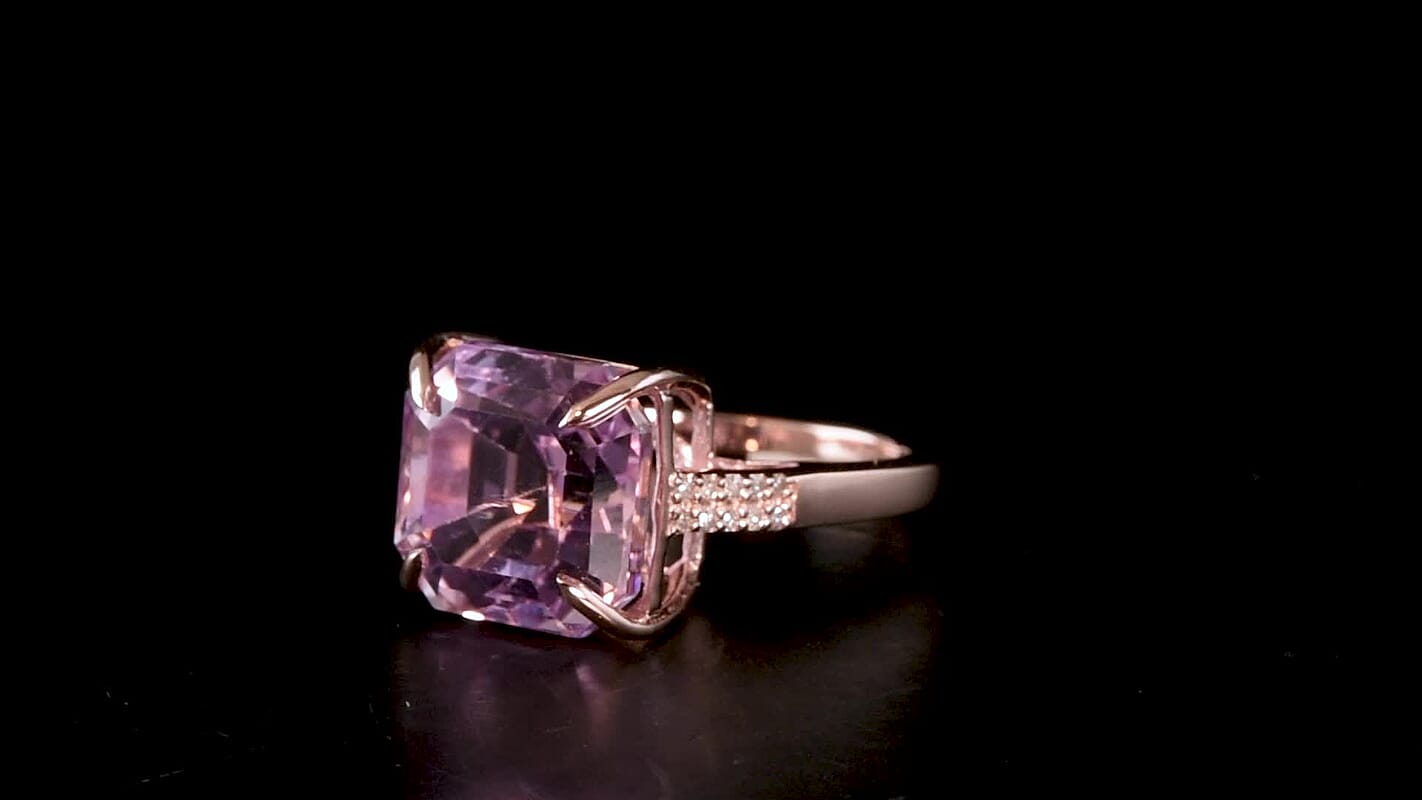 Luxoro 10K Rose Gold AAAA Asscher Cut Patroke Kunzite, Diamond (I2) Ring (Size 6.0) 10.73 ctw