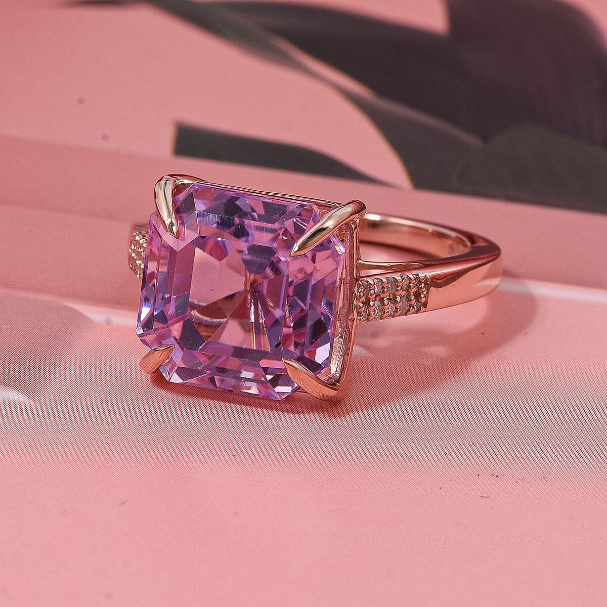 Luxoro 10K Rose Gold AAAA Asscher Cut Patroke Kunzite, Diamond (I2) Ring (Size 6.0) 10.73 ctw image number 1