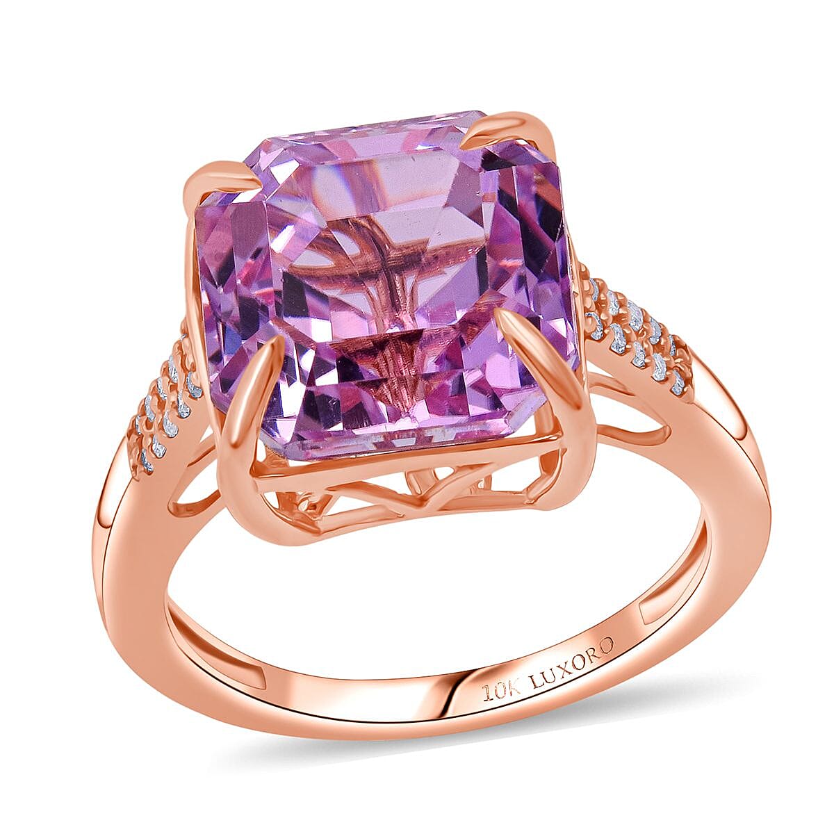 Luxoro AAAA Asscher Cut Patroke Kunzite and I2 Diamond 10.75 ctw Ring in 10K Rose Gold (Size 7.0) image number 0