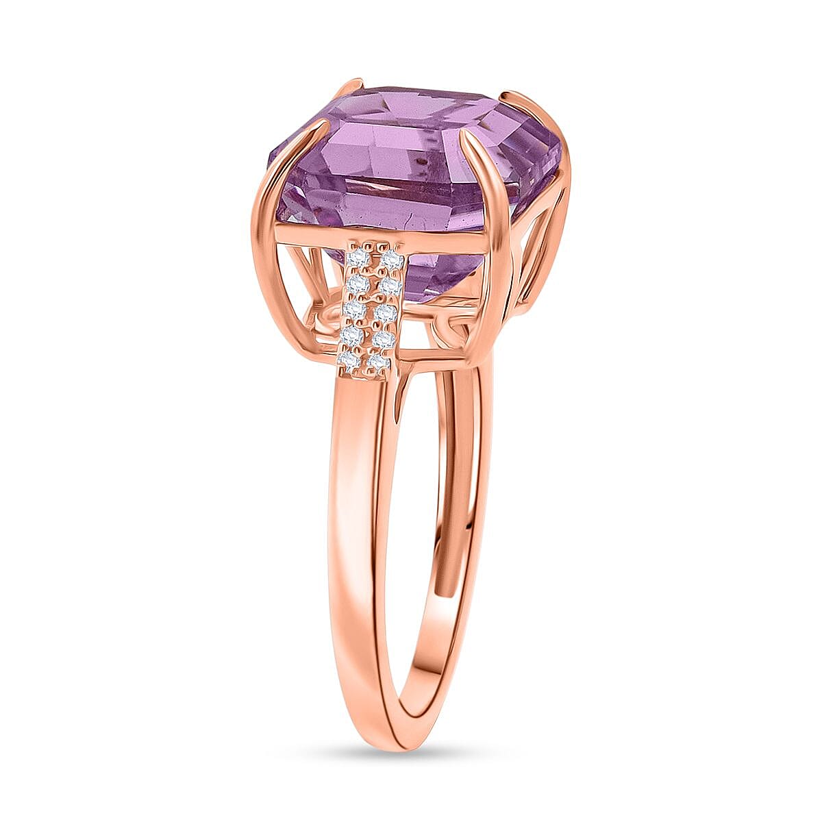 Luxoro AAAA Asscher Cut Patroke Kunzite and I2 Diamond 10.75 ctw Ring in 10K Rose Gold (Size 7.0) image number 3
