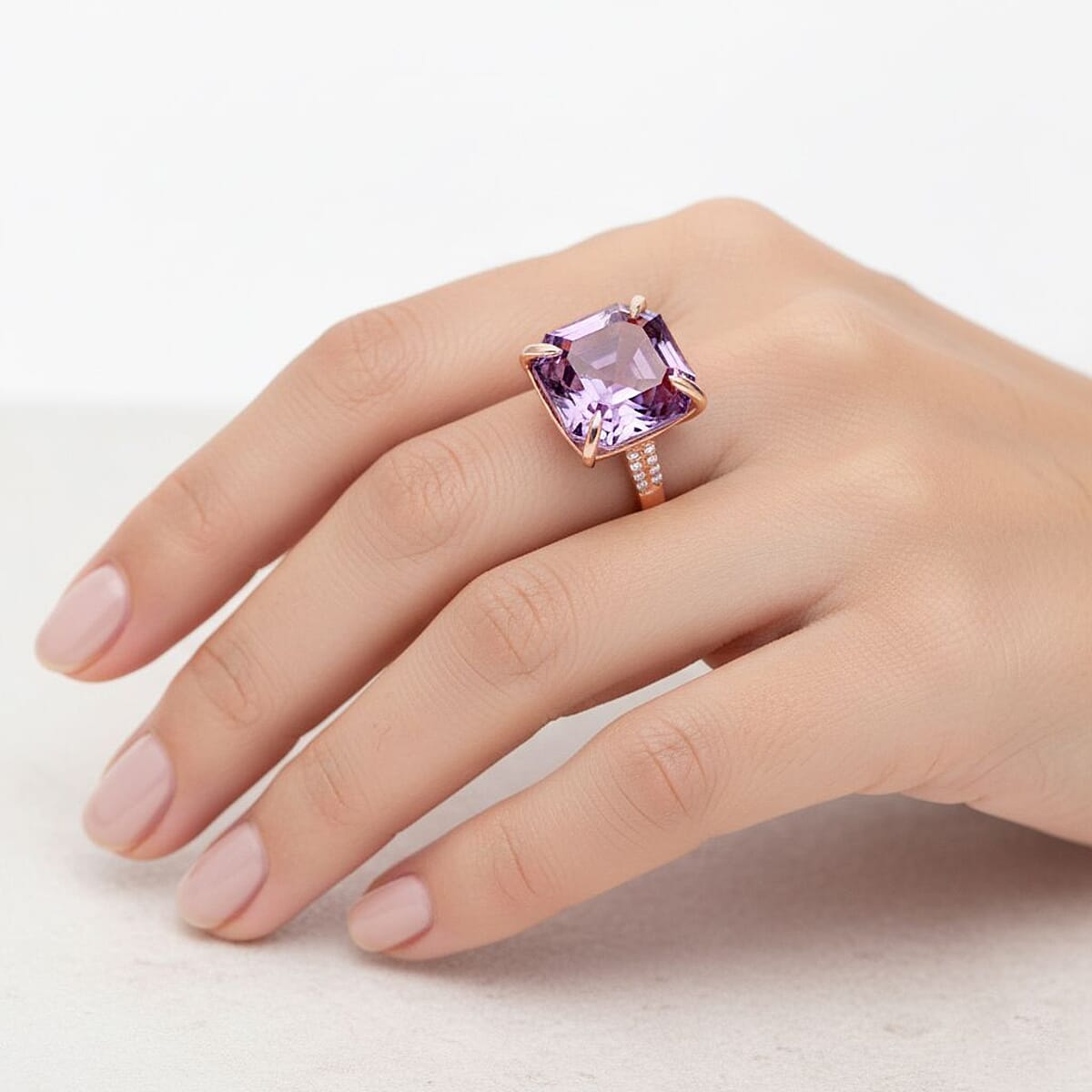 Luxoro AAAA Asscher Cut Patroke Kunzite, Diamond Ring in 10K Rose Gold 10.75 ctw (Size 8.0) image number 2