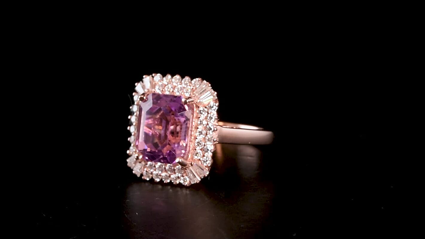 D'Joy AAA Patroke Kunzite, Moissanite Ring in 18K Vermeil RG Over Sterling Silver (Size 8.0) 4.90 ctw