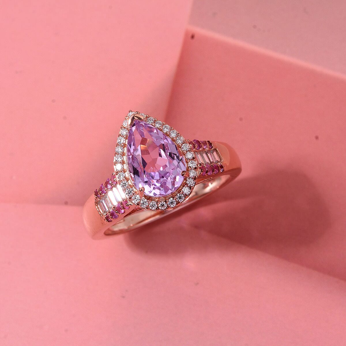 D'Joy AAA Patroke Kunzite and Multi Gemstone 3.50 ctw Teardrop Majesty Ring in 18K Vermeil Rose Gold Over Sterling Silver (Size 7.0) image number 1