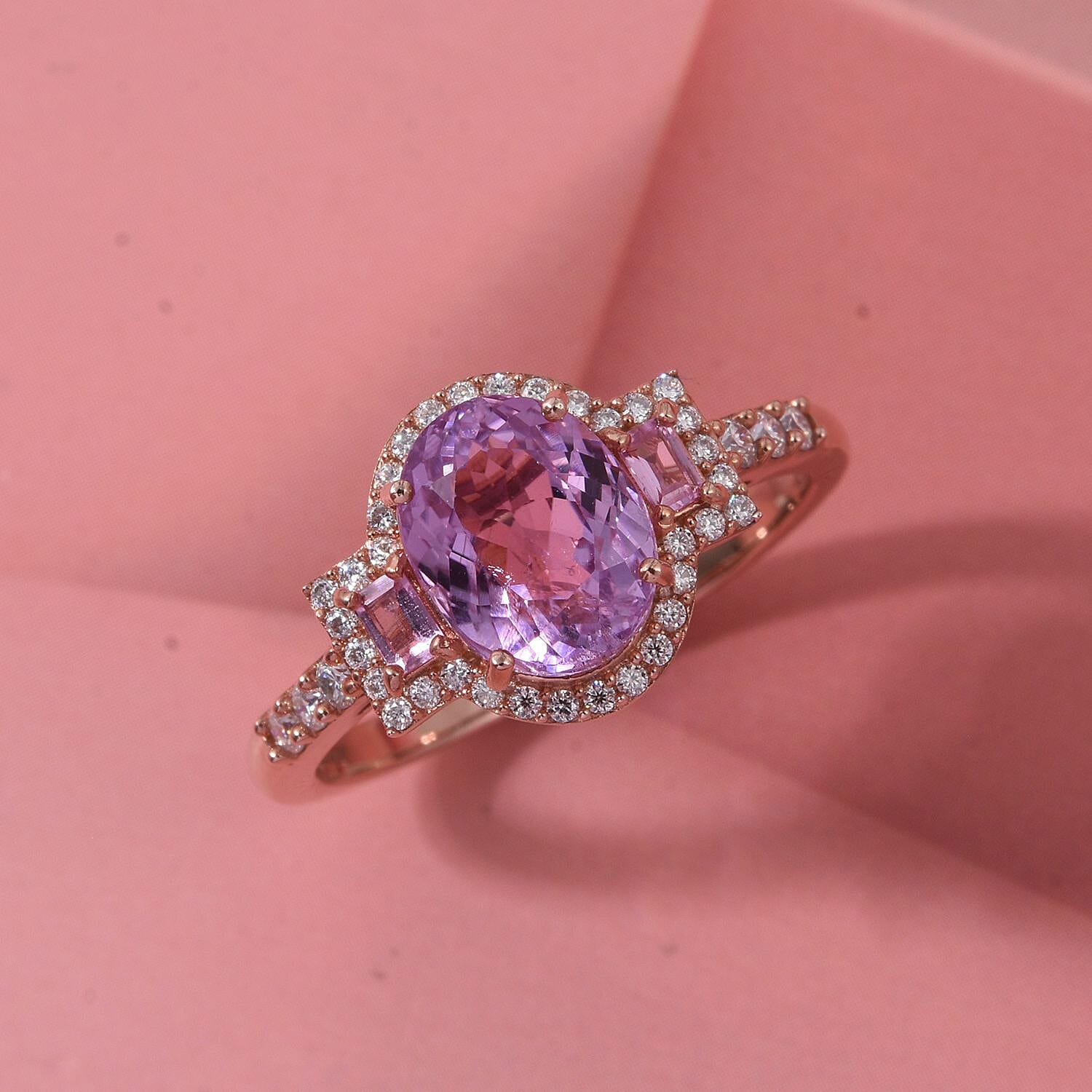 D'Joy AAA Patroke  Kunzite, Multi Gemstone Deco Ring in 18K Vermeil RG Over Sterling Silver 3.10 ctw (Size 8.0)