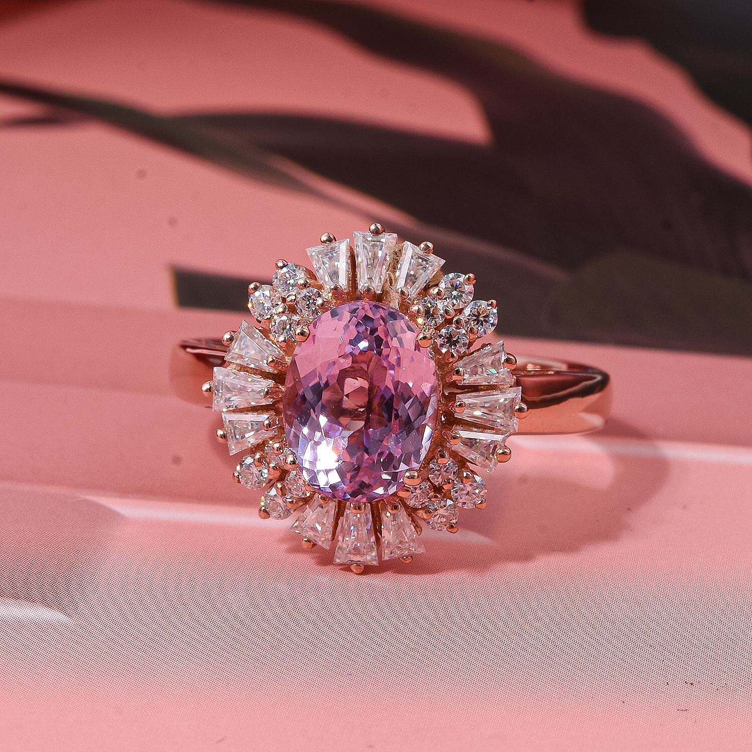D'Joy AAA Patroke Kunzite, Moissanite Ring in 18K Vermeil RG Over Sterling Silver (Size 10.0) 3.30 ctw