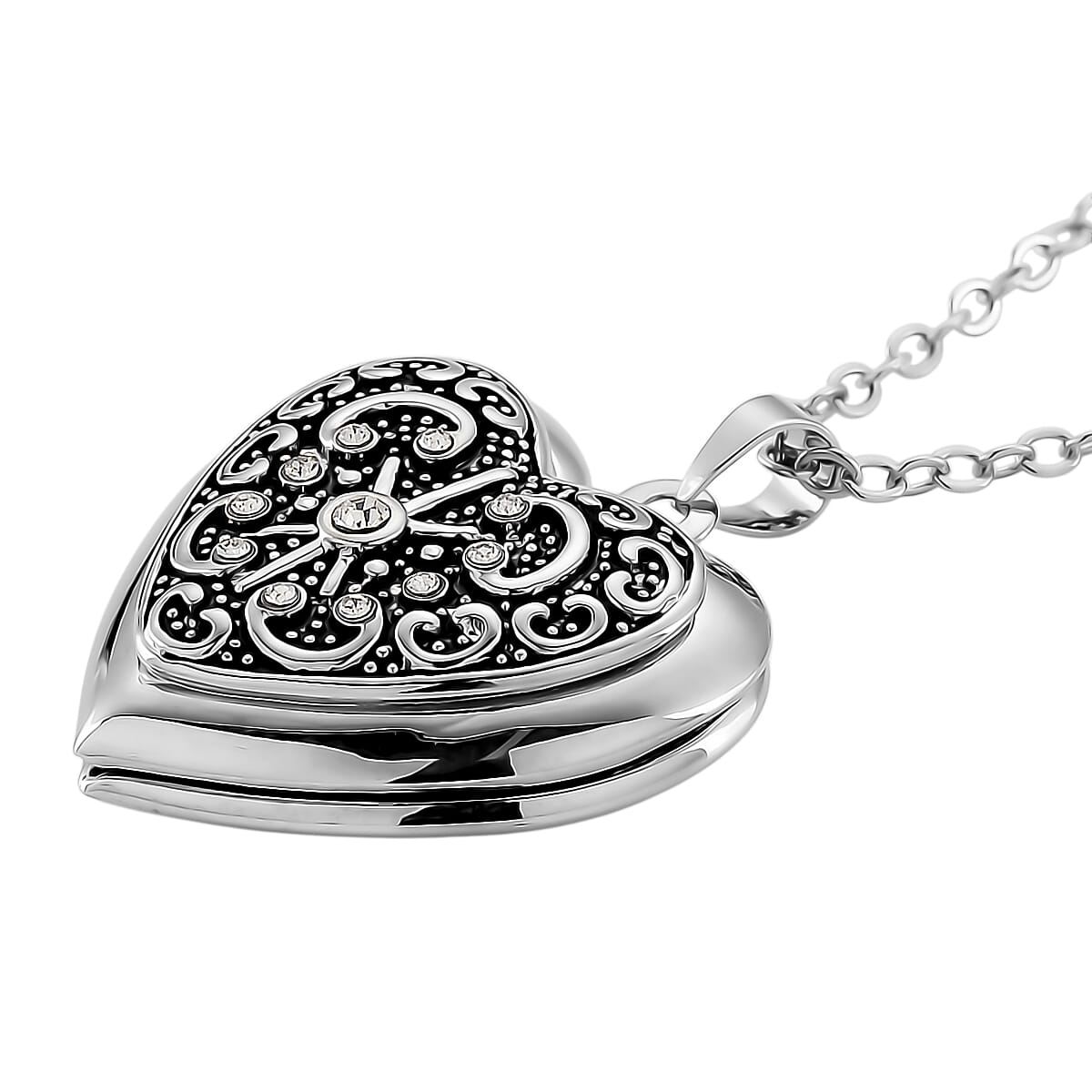 Austrian Crystal Heart Locket Pendant Necklace in Stainless Steel 20-22 Inches