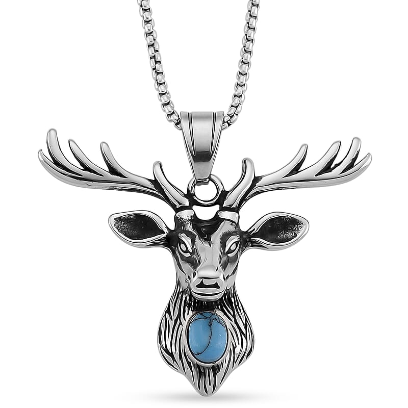 Blue Howlite 0.50 ctw Majestic Stag Necklace in Stainless Steel 20-22 Inches