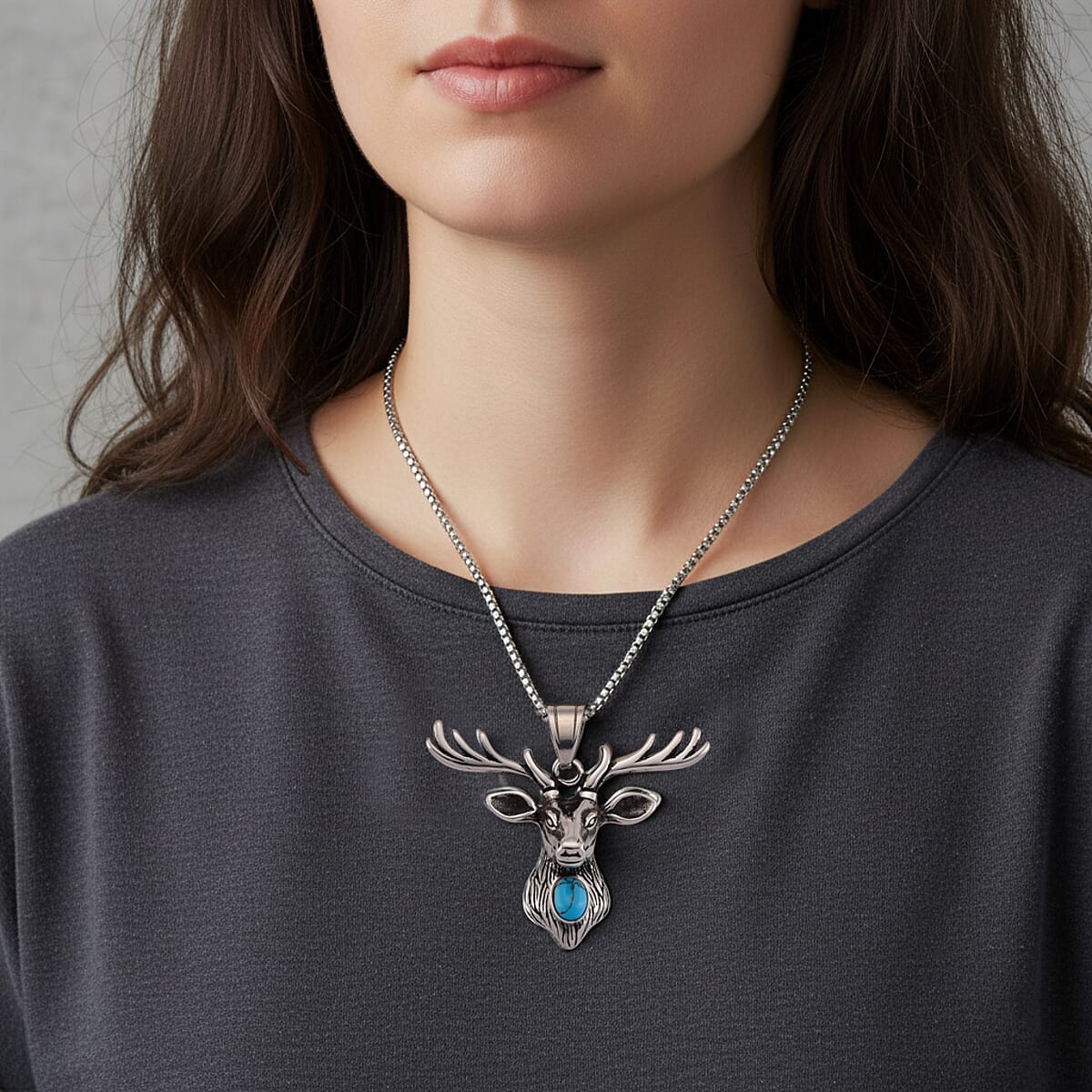 Blue Howlite 0.50 ctw Majestic Stag Necklace in Stainless Steel 20-22 Inches image number 2