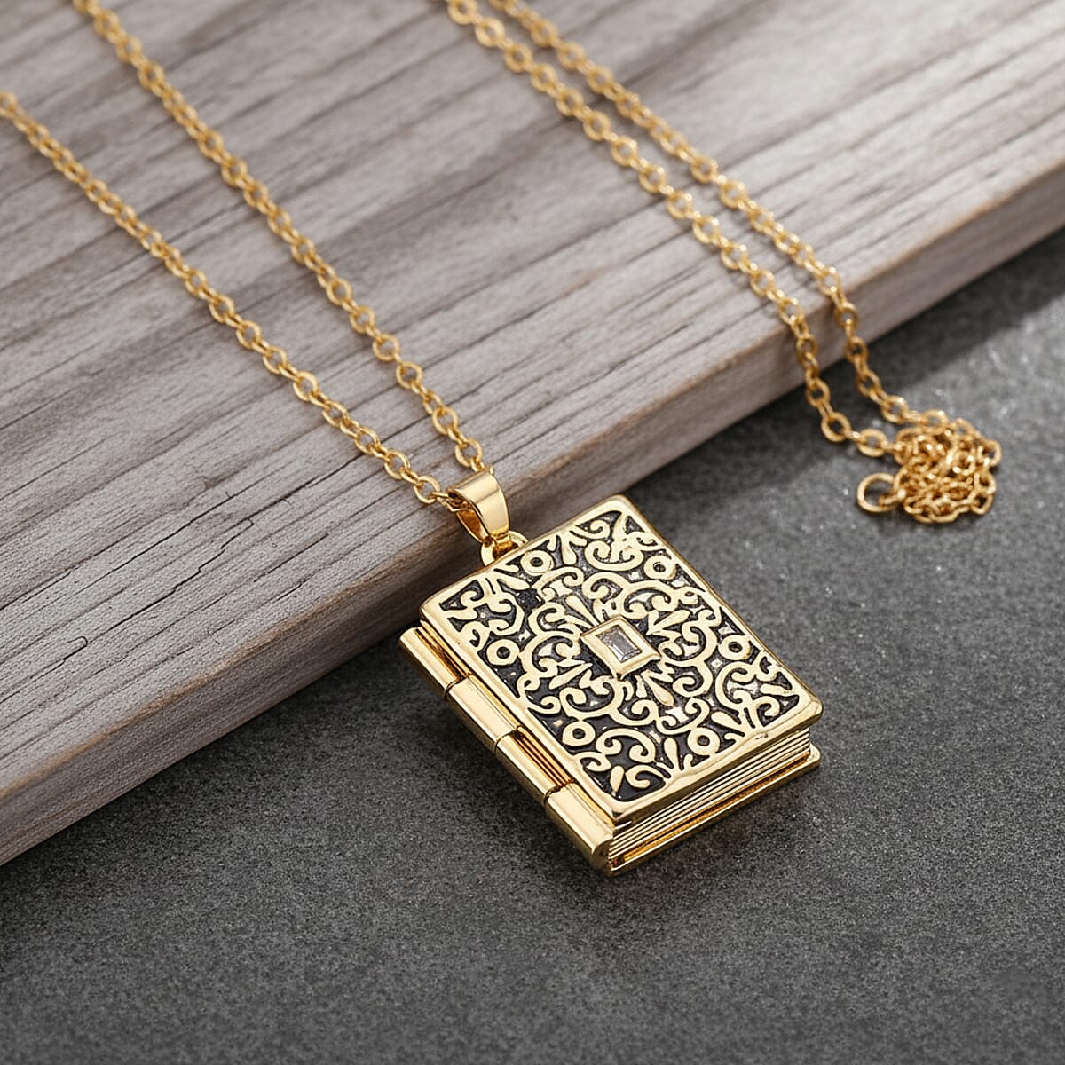 Vintage Book Pendant Necklace in ION Plated YG Stainless Steel 20-22 Inches image number 1