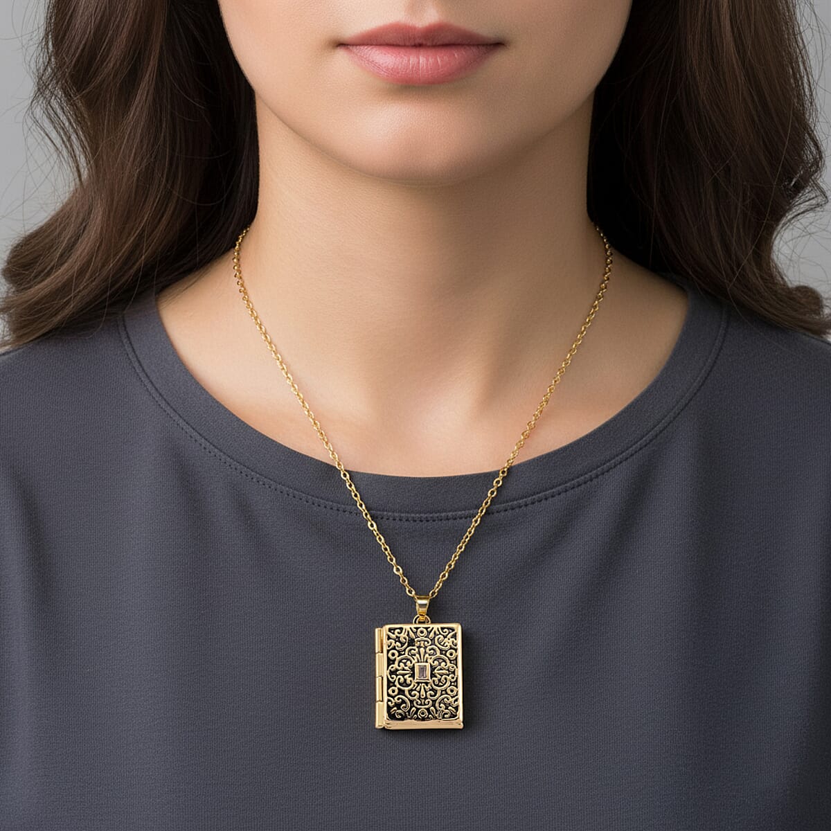 Vintage Book Pendant Necklace in ION Plated YG Stainless Steel 20-22 Inches image number 2