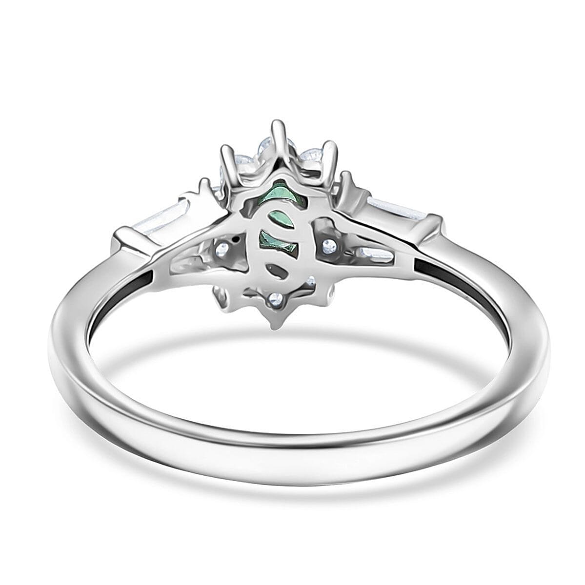 D'Joy AAA Kagem Zambian Emerald and White Zircon 0.70 ctw Regal Blossom Ring in Rhodium Over Sterling Silver (Size 10.0) image number 4