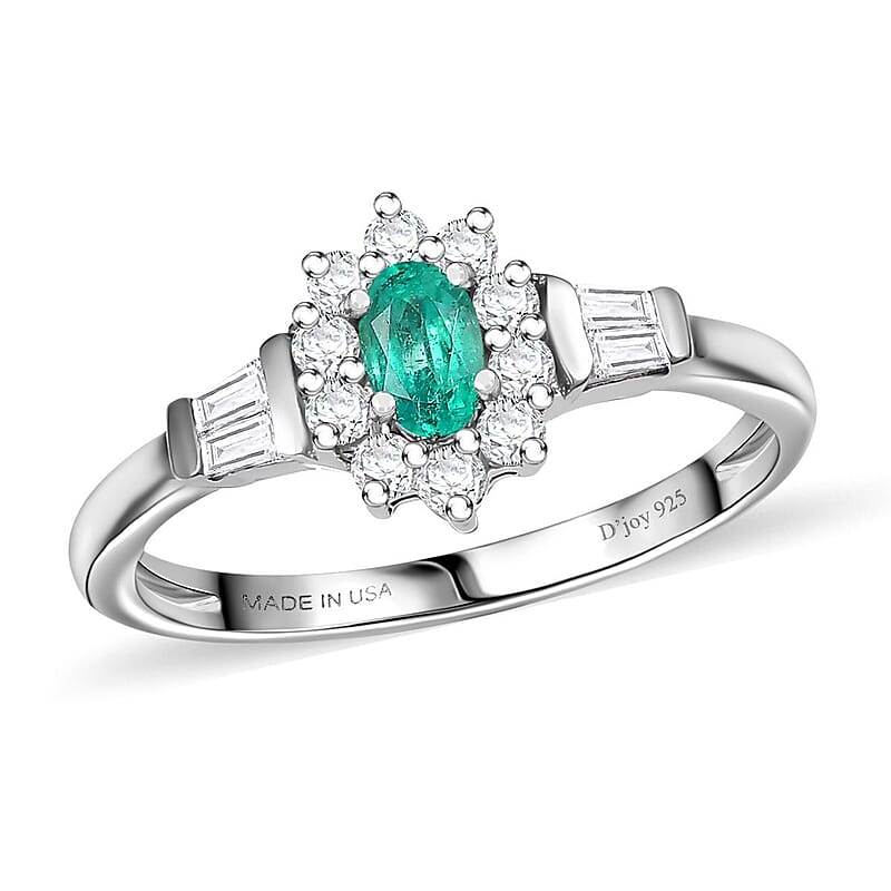 D'Joy AAA Kagem Zambian Emerald and White Zircon 0.70 ctw Regal Blossom Ring in Rhodium Over Sterling Silver (Size 7.0)