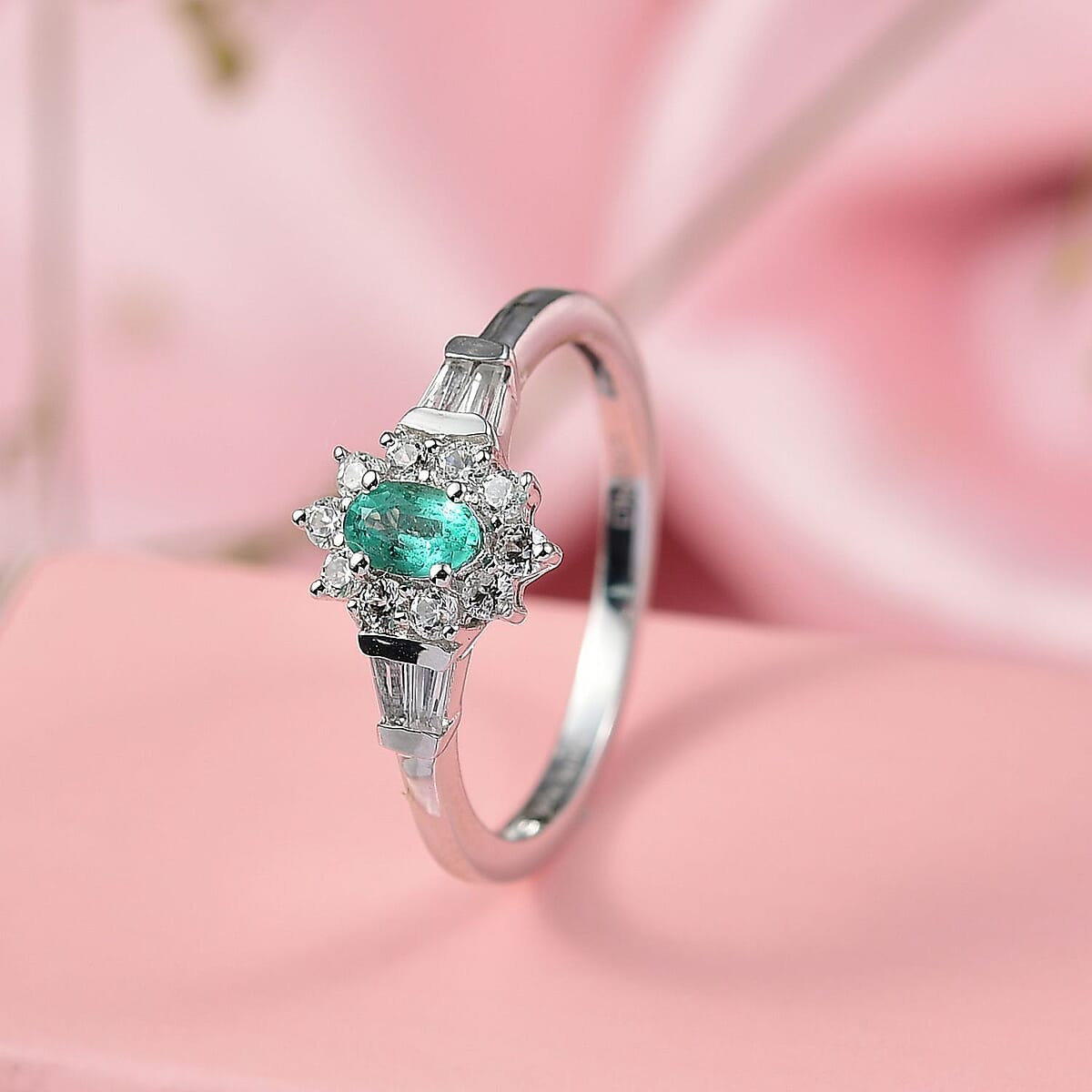 D'Joy AAA Kagem Zambian Emerald and White Zircon 0.70 ctw Regal Blossom Ring in Rhodium Over Sterling Silver (Size 7.0) image number 1