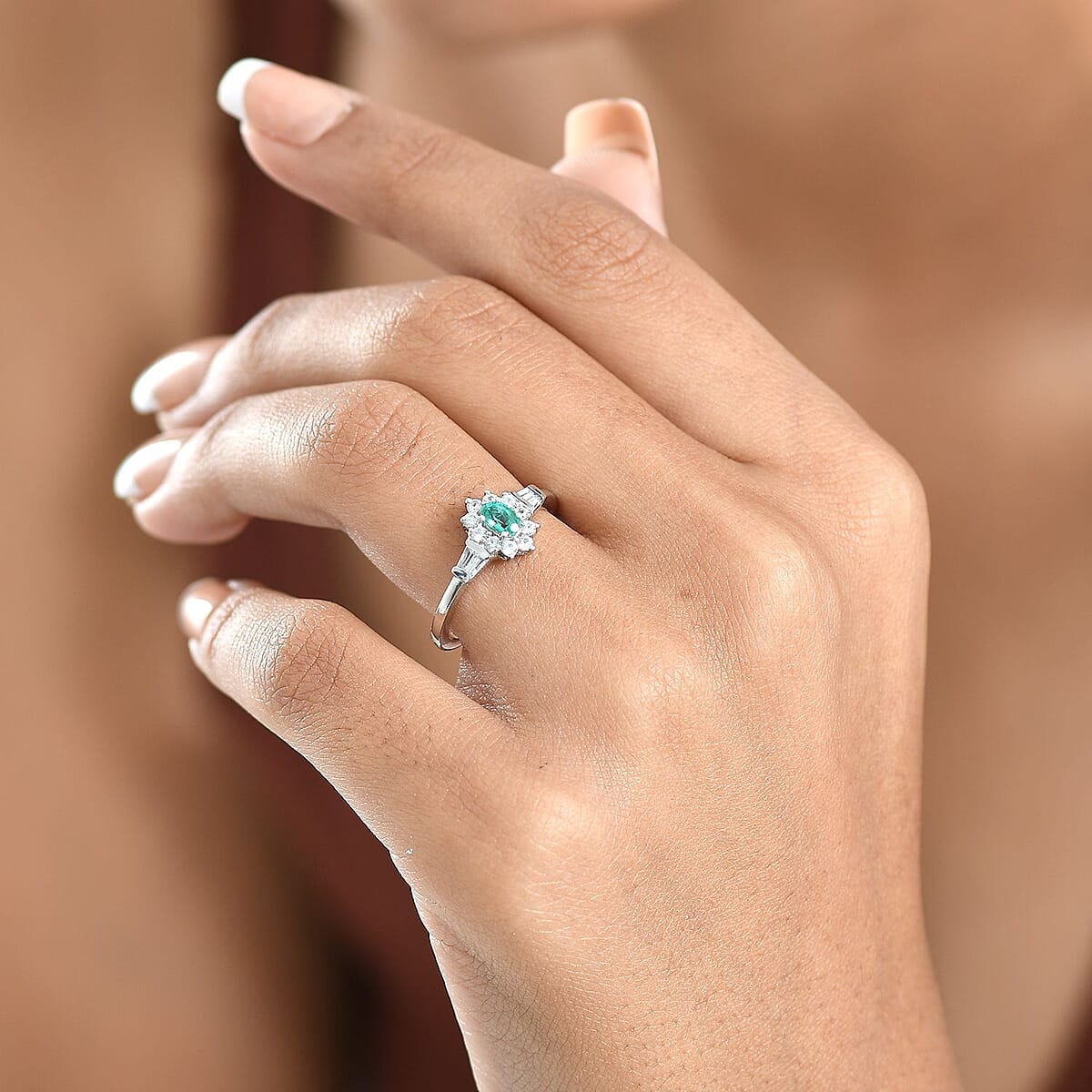 D'Joy AAA Kagem Zambian Emerald and White Zircon 0.70 ctw Regal Blossom Ring in Rhodium Over Sterling Silver (Size 7.0) image number 2