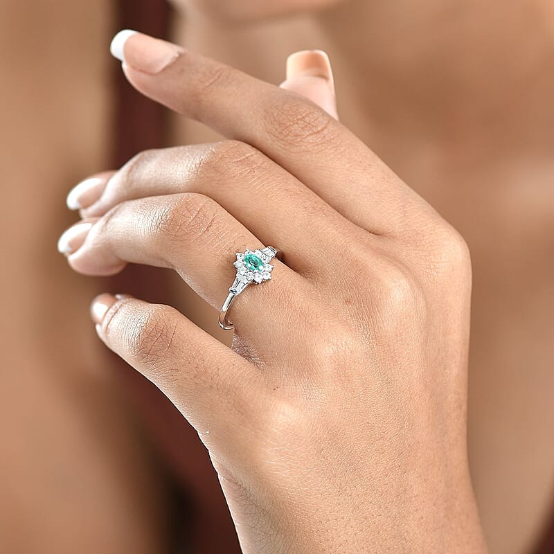 D'Joy AAA Kagem Zambian Emerald and White Zircon 0.70 ctw Regal Blossom Ring in Rhodium Over Sterling Silver (Size 7.0)