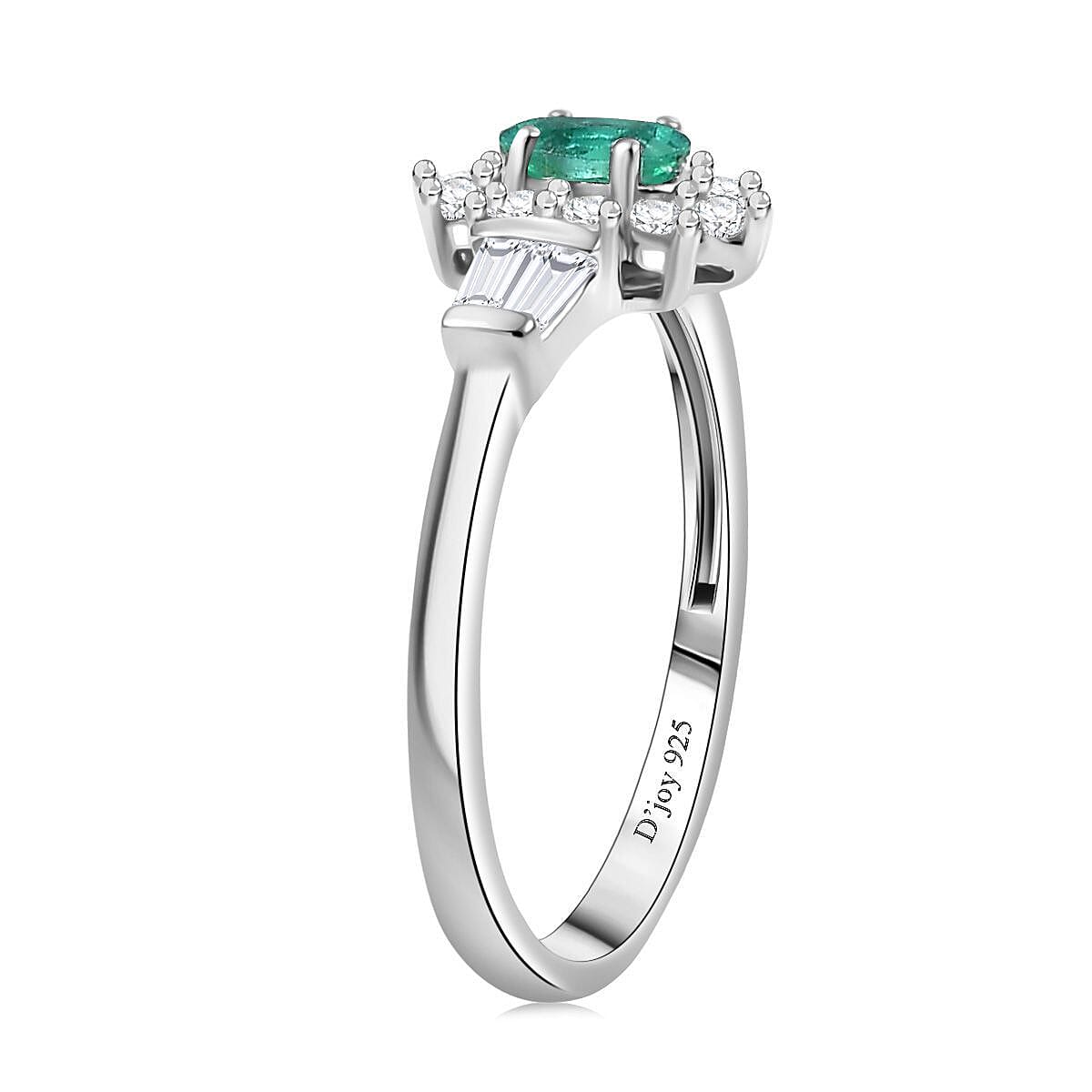 D'Joy AAA Kagem Zambian Emerald and White Zircon 0.70 ctw Regal Blossom Ring in Rhodium Over Sterling Silver (Size 7.0) image number 3