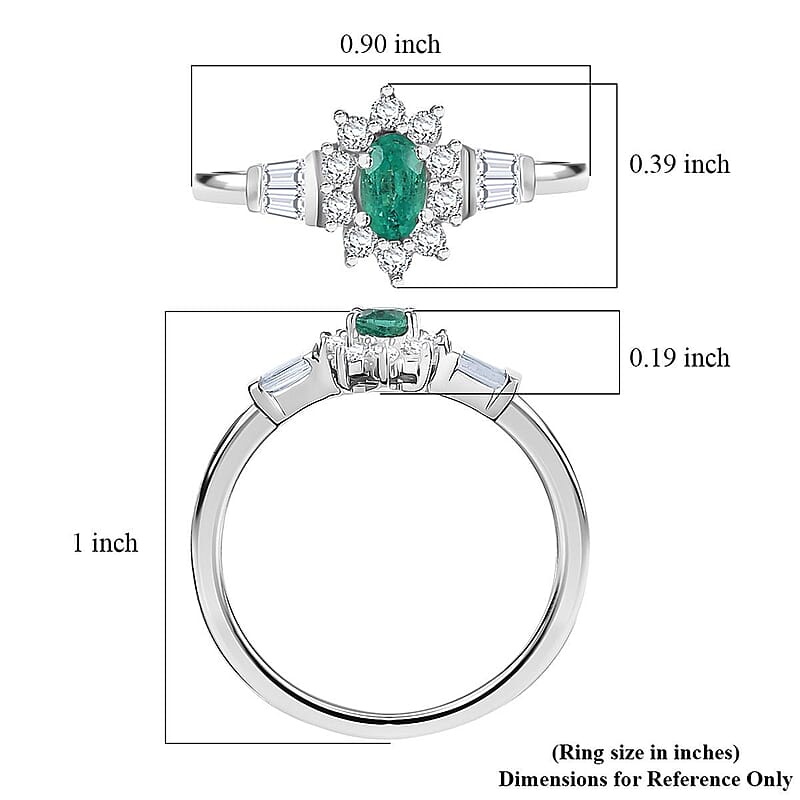 D'Joy AAA Kagem Zambian Emerald and White Zircon 0.70 ctw Regal Blossom Ring in Rhodium Over Sterling Silver (Size 7.0)