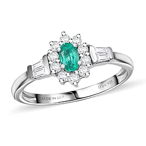 D'Joy AAA Kagem Zambian Emerald and White Zircon 0.70 ctw Regal Blossom Ring in Rhodium Over Sterling Silver (Size 9.0)