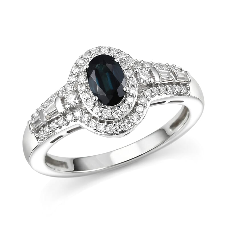 D'Joy AAA Monte Belo Indicolite and Moissanite 1.10 ctw Regal Blue Halo Ring in Rhodium Over Sterling Silver (Size 10.0)